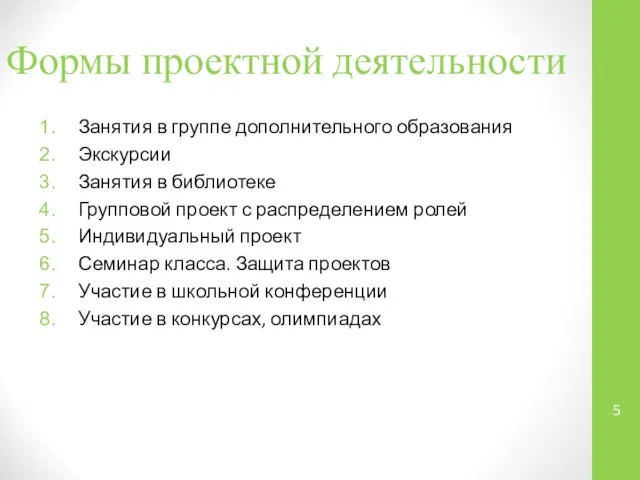 Формы проектной деятельности Занятия в группе дополнительного образования Экскурсии Занятия в