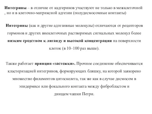 Интегрины – в отличие от кадгеринов участвуют не только в межклеточной