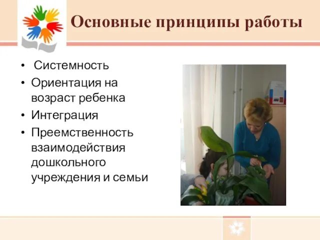 Основные принципы работы Системность Ориентация на возраст ребенка Интеграция Преемственность взаимодействия дошкольного учреждения и семьи