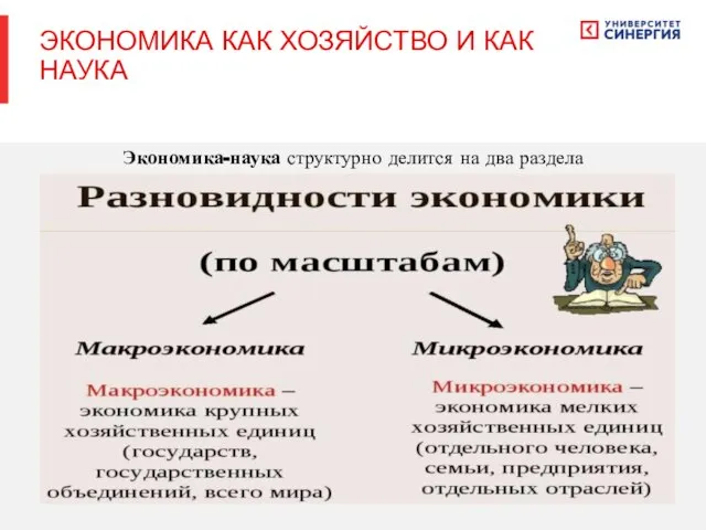 Экономика-наука структурно делится на два раздела ЭКОНОМИКА КАК ХОЗЯЙСТВО И КАК НАУКА