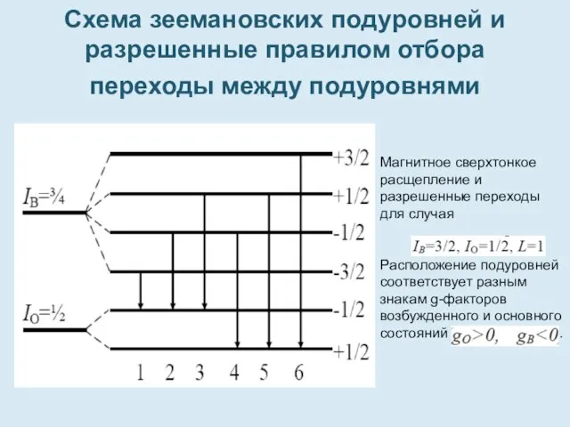 Схема зеемановских подуровней и разрешенные правилом отбора переходы между подуровнями Магнитное