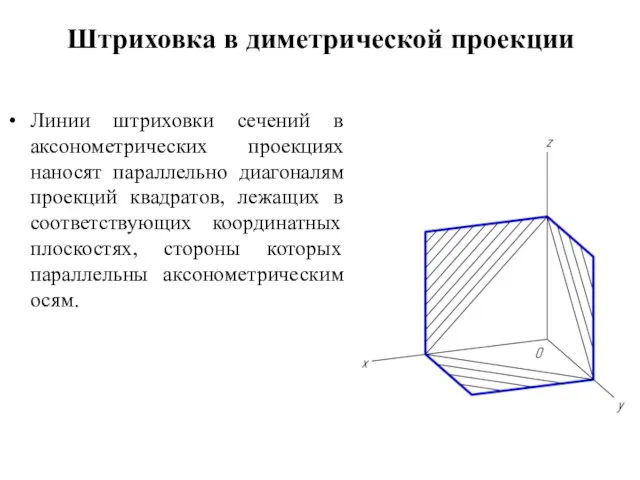 Штриховка в диметрической проекции Линии штриховки сечений в аксонометрических проекциях наносят