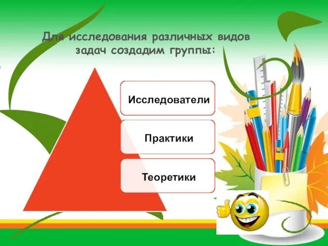 Для исследования различных видов задач создадим группы: Исследователи Практики Теоретики