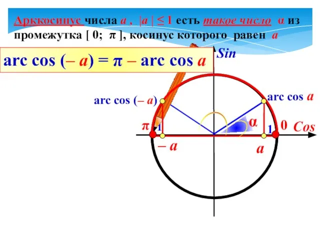 Cos Sin -1 1 π 0 Арккосинус числа а , |а