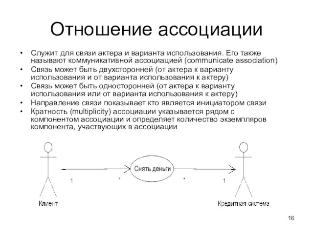 Отношение ассоциации Служит для связи актера и варианта использования. Его также