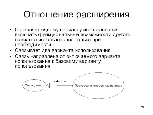 Отношение расширения Позволяет одному варианту использования включать функциональные возможности другого варианта