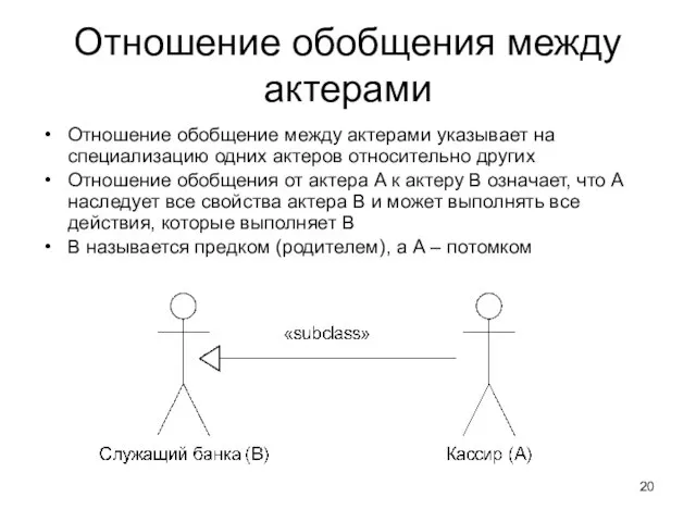 Отношение обобщения между актерами Отношение обобщение между актерами указывает на специализацию