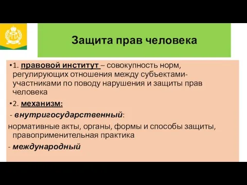 Защита прав человека 1. правовой институт – совокупность норм, регулирующих отношения