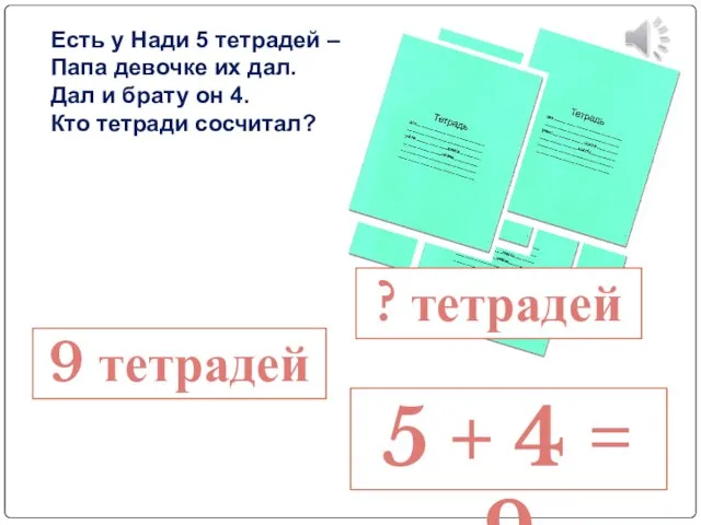 Есть у Нади 5 тетрадей – Папа девочке их дал. Дал