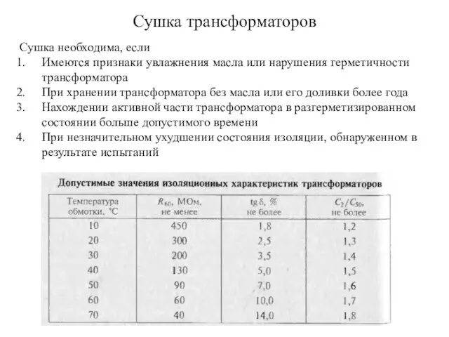 Сушка трансформаторов Сушка необходима, если Имеются признаки увлажнения масла или нарушения