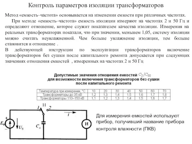 Контроль параметров изоляции трансформаторов Метод «емкость–частота» основывается на изменении емкости при