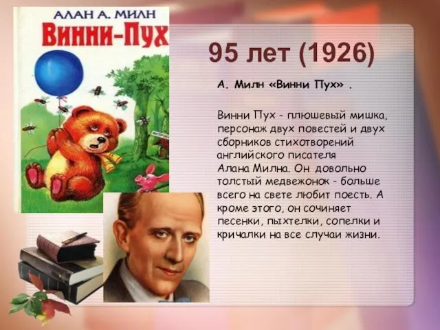 А. Милн «Винни Пух» . Винни Пух - плюшевый мишка, персонаж