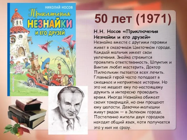 50 лет (1971) Н.Н. Носов «Приключения Незнайки и его друзей» Незнайка