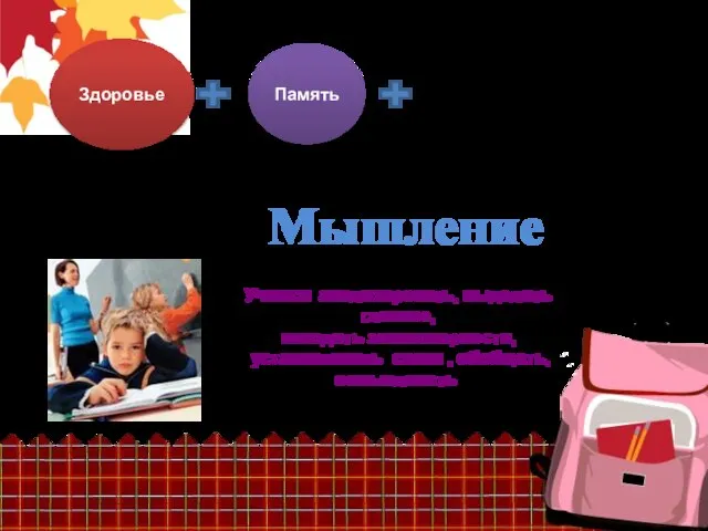 Здоровье Память Мышление Учимся анализировать, выделять главное, находить закономерности, устанавливать связи , обобщать, осмысливать.