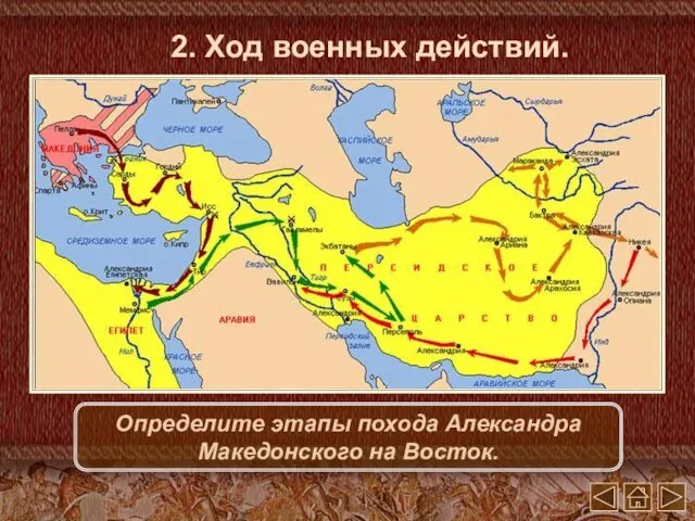 2. Ход военных действий. Определите этапы похода Александра Македонского на Восток.