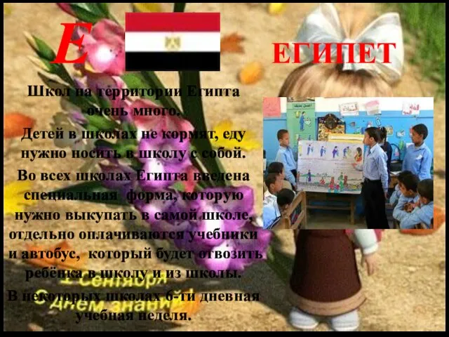 Е ЕГИПЕТ Школ на территории Египта очень много. Детей в школах