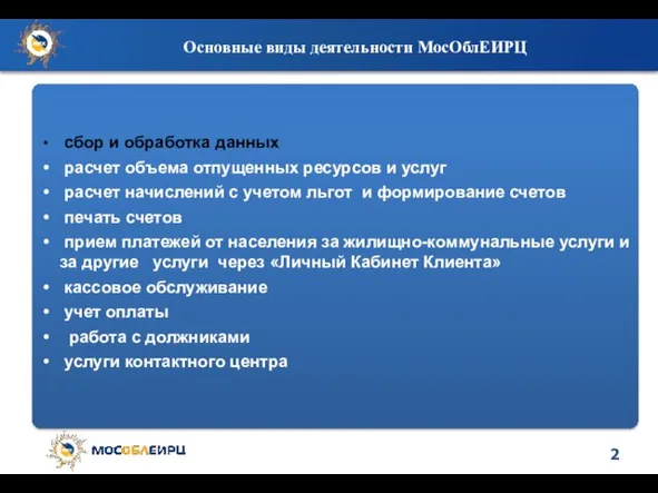 Основные виды деятельности МосОблЕИРЦ сбор и обработка данных расчет объема отпущенных