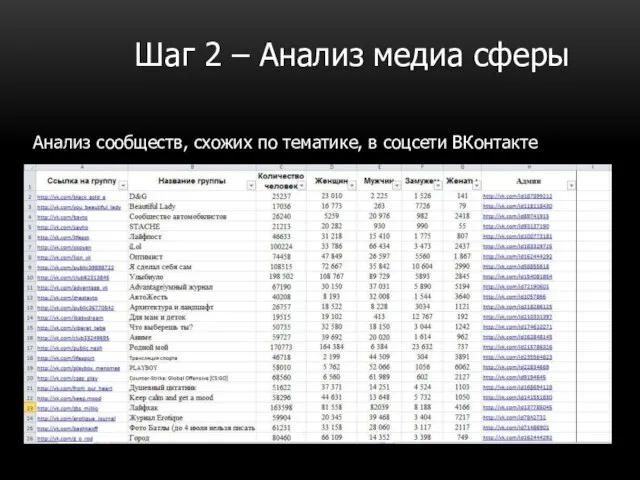 Шаг 2 – Анализ медиа сферы Анализ сообществ, схожих по тематике, в соцсети ВКонтакте