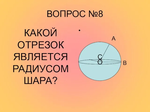 ВОПРОС №8 КАКОЙ ОТРЕЗОК ЯВЛЯЕТСЯ РАДИУСОМ ШАРА? А В С О