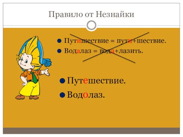 Правило от Незнайки Путишествие = пути+шествие. Водалаз = вода+лазить. Путешествие. Водолаз.