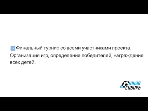 Финальный турнир со всеми участниками проекта. Организация игр, определение победителей, награждение всех детей.