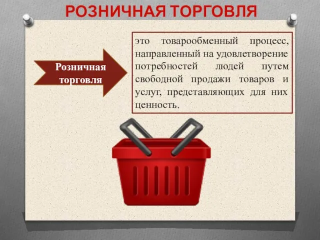 РОЗНИЧНАЯ ТОРГОВЛЯ это товарообменный процесс, направленный на удовлетворение потребностей людей путем