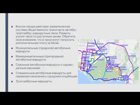 Внутри города действует разветвленная система общественного транспорта: автобус, троллейбус, маршрутные такси.