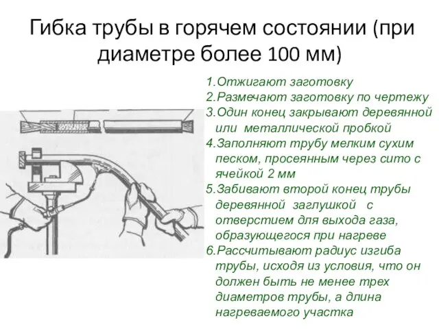 Гибка трубы в горячем состоянии (при диаметре более 100 мм) Отжигают