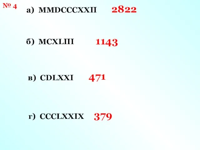 № 4 а) ММDCCCXXII б) МCXLIII в) CDLXXI г) CCCLXXIX 2822 1143 471 379