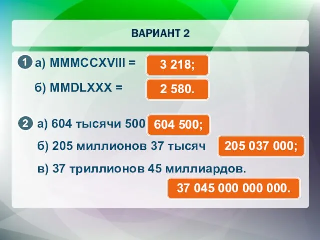 а) MMMCCXVIII = б) MMDLXXX = а) 604 тысячи 500 604