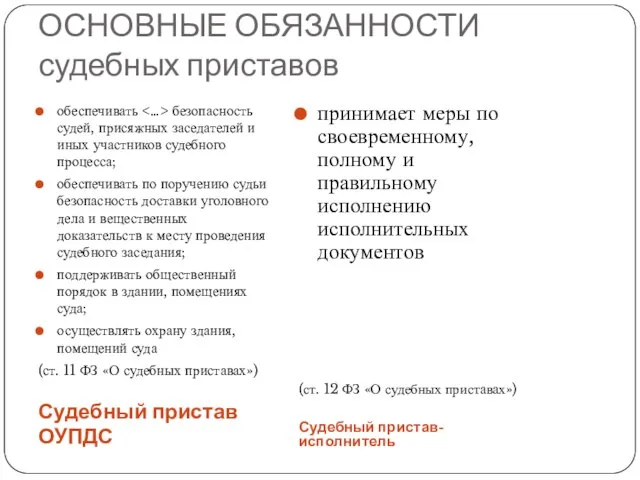 ОСНОВНЫЕ ОБЯЗАННОСТИ судебных приставов обеспечивать безопасность судей, присяжных заседателей и иных