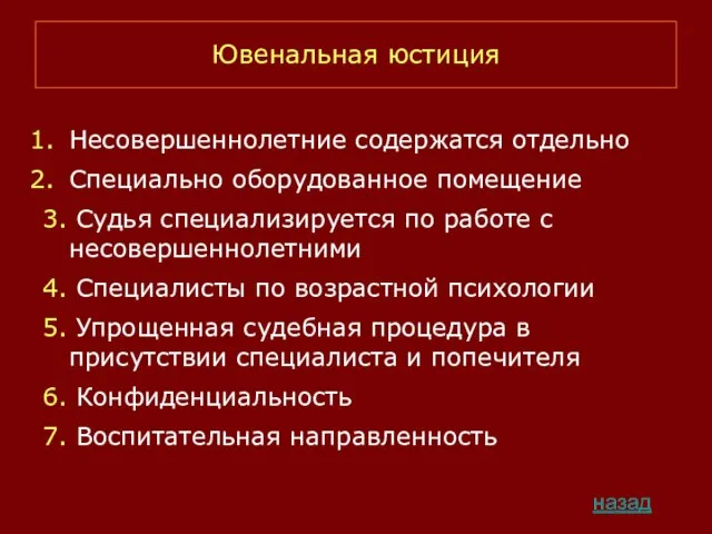 Ювенальная юстиция Несовершеннолетние содержатся отдельно Специально оборудованное помещение 3. Судья специализируется