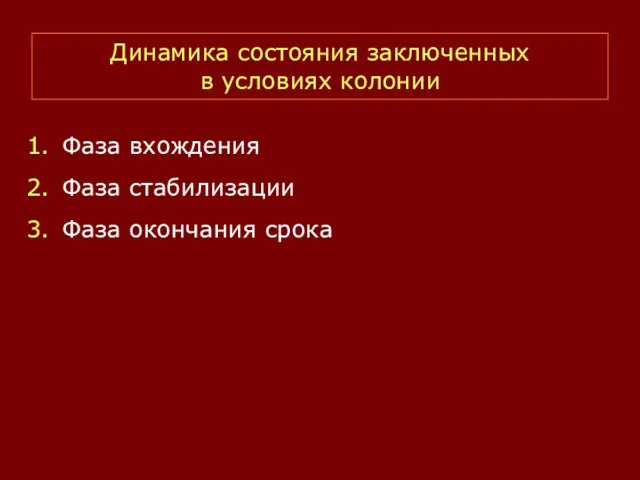 Динамика состояния заключенных в условиях колонии Фаза вхождения Фаза стабилизации Фаза окончания срока