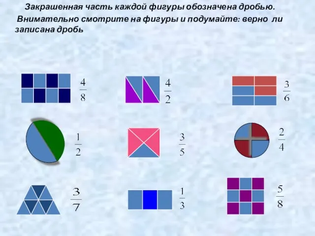 Закрашенная часть каждой фигуры обозначена дробью. Внимательно смотрите на фигуры и подумайте: верно ли записана дробь