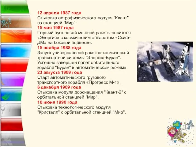 12 апреля 1987 года Стыковка астрофизического модуля "Квант" со станцией "Мир".