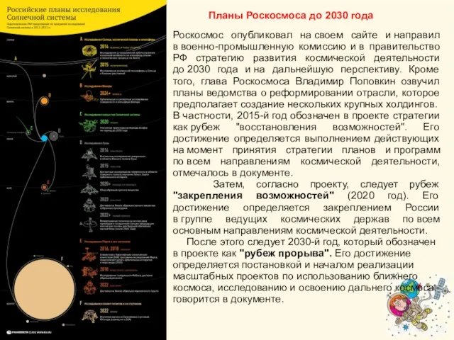 Планы Роскосмоса до 2030 года Роскосмос опубликовал на своем сайте и