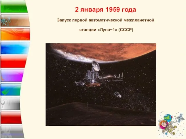 2 января 1959 года Запуск первой автоматической межпланетной станции «Луна~1» (СССР)