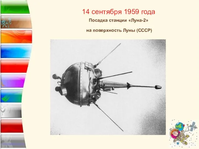 14 сентября 1959 года Посадка станции «Луна-2» на поверхность Луны (СССР)