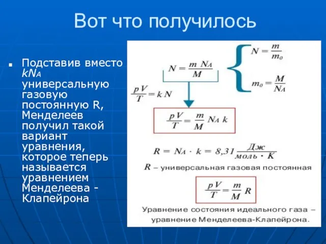 Вот что получилось Подставив вместо kNA универсальную газовую постоянную R, Менделеев