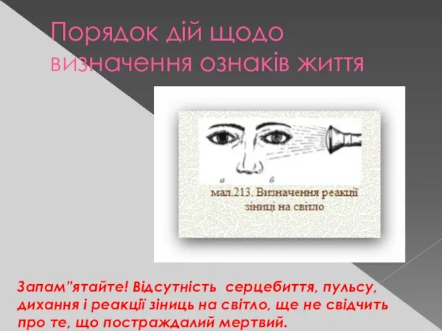 Порядок дій щодо визначення ознаків життя Запам”ятайте! Відсутність серцебиття, пульсу, дихання