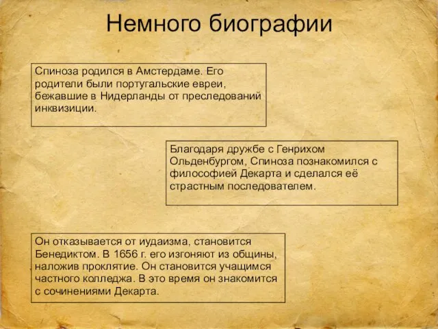 Немного биографии Спиноза родился в Амстердаме. Его родители были португальские евреи,