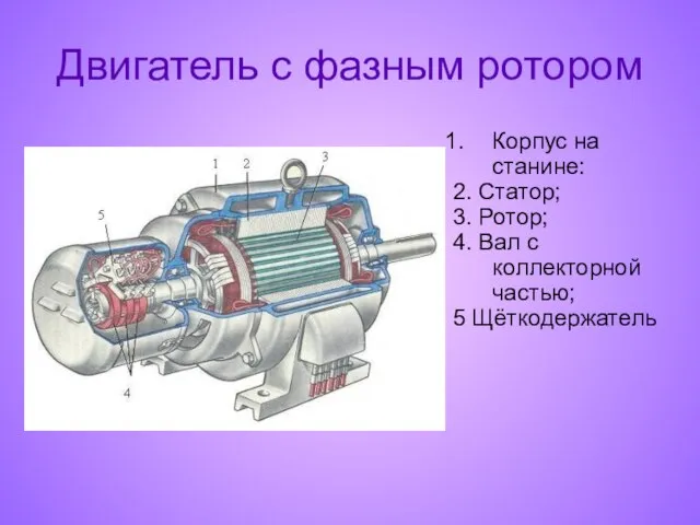 Двигатель с фазным ротором Корпус на станине: 2. Статор; 3. Ротор;
