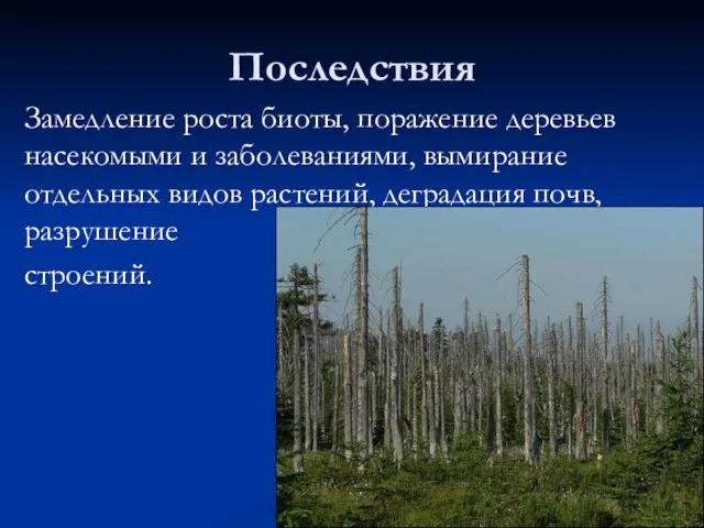 Последствия Замедление роста биоты, поражение деревьев насекомыми и заболеваниями, вымирание отдельных