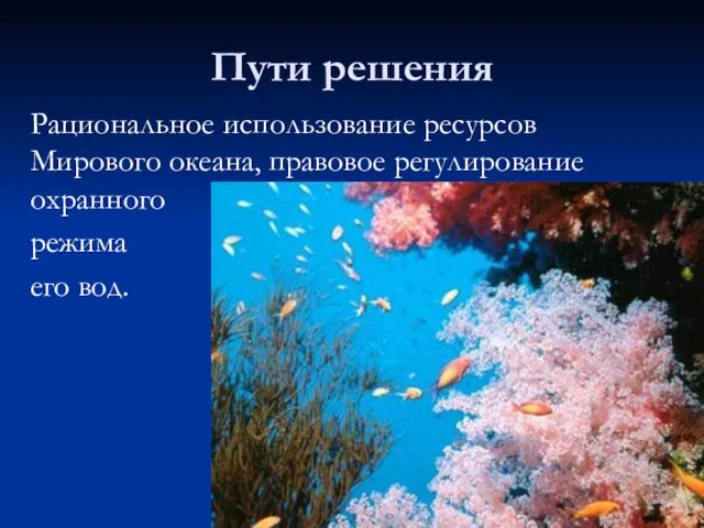 Пути решения Рациональное использование ресурсов Мирового океана, правовое регулирование охранного режима его вод.