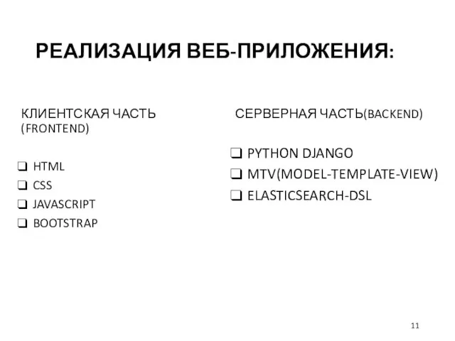 РЕАЛИЗАЦИЯ ВЕБ-ПРИЛОЖЕНИЯ: КЛИЕНТСКАЯ ЧАСТЬ(FRONTEND) HTML CSS JAVASCRIPT BOOTSTRAP СЕРВЕРНАЯ ЧАСТЬ(BACKEND) PYTHON DJANGO MTV(MODEL-TEMPLATE-VIEW) ELASTICSEARCH-DSL