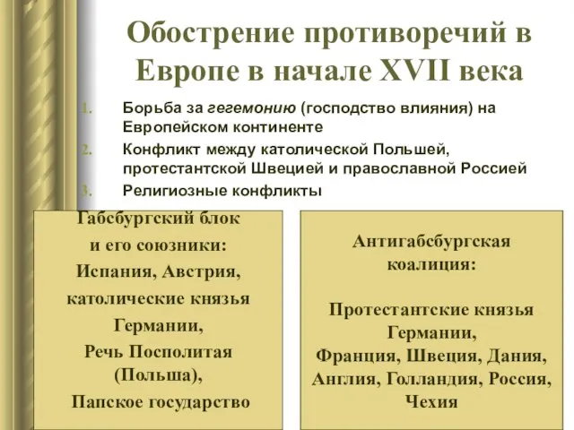 Обострение противоречий в Европе в начале XVII века Борьба за гегемонию