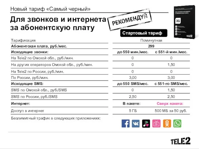 Новый тариф «Самый черный» Для звонков и интернета за абонентскую плату Стартовый тариф