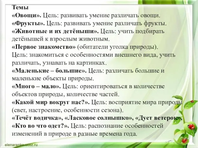 Темы «Овощи». Цель: развивать умение различать овощи. «Фрукты». Цель: развивать умение