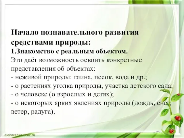 Начало познавательного развития средствами природы: 1.Знакомство с реальным объектом. Это даёт