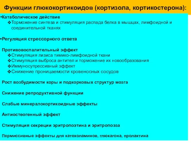 Функции глюкокортикоидов (кортизола, кортикостерона): Катаболическое действие Торможение синтеза и стимуляция распада